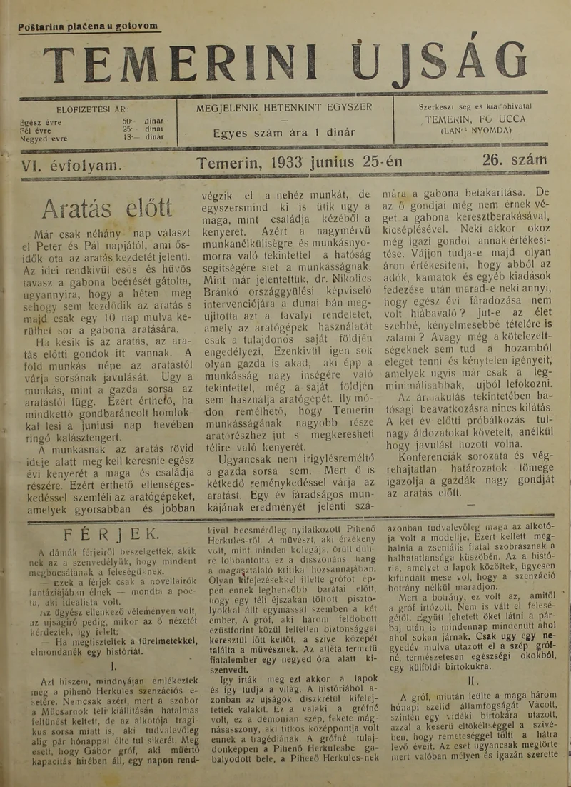 Temerini Újság 1928-1944, 6. évf. 1933. június 25. 26. sz.