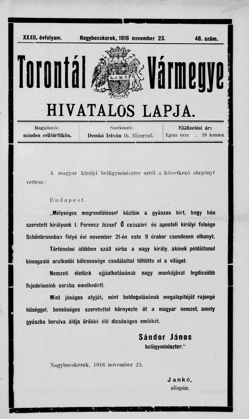 Torontál Vármegye Hivatalos Lapja, 32. évf. 1916. november 23. 48. sz.