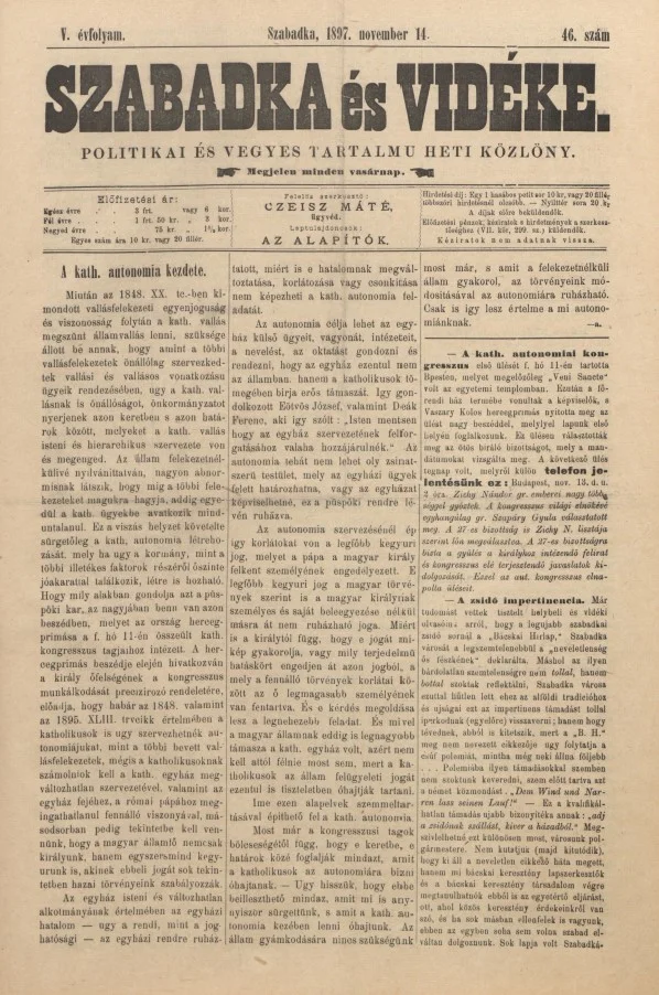 Szabadka és vidéke II, 5. évf. 1897. november 14. 46. sz.