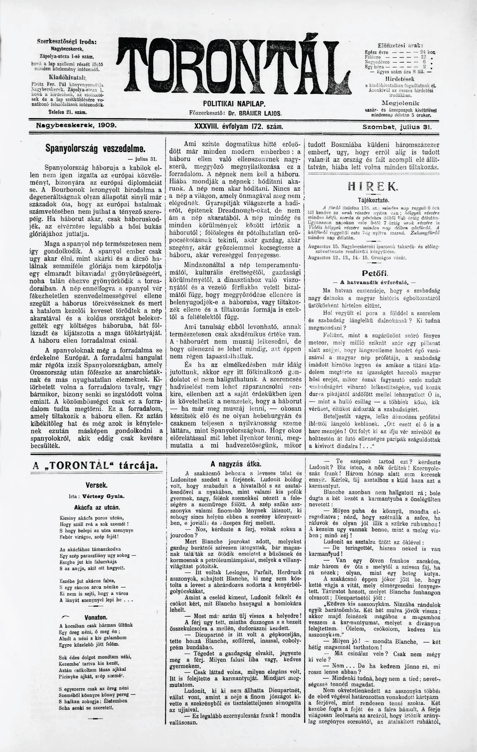 Torontál, 38. évf. 1909. július 31. 172. sz.