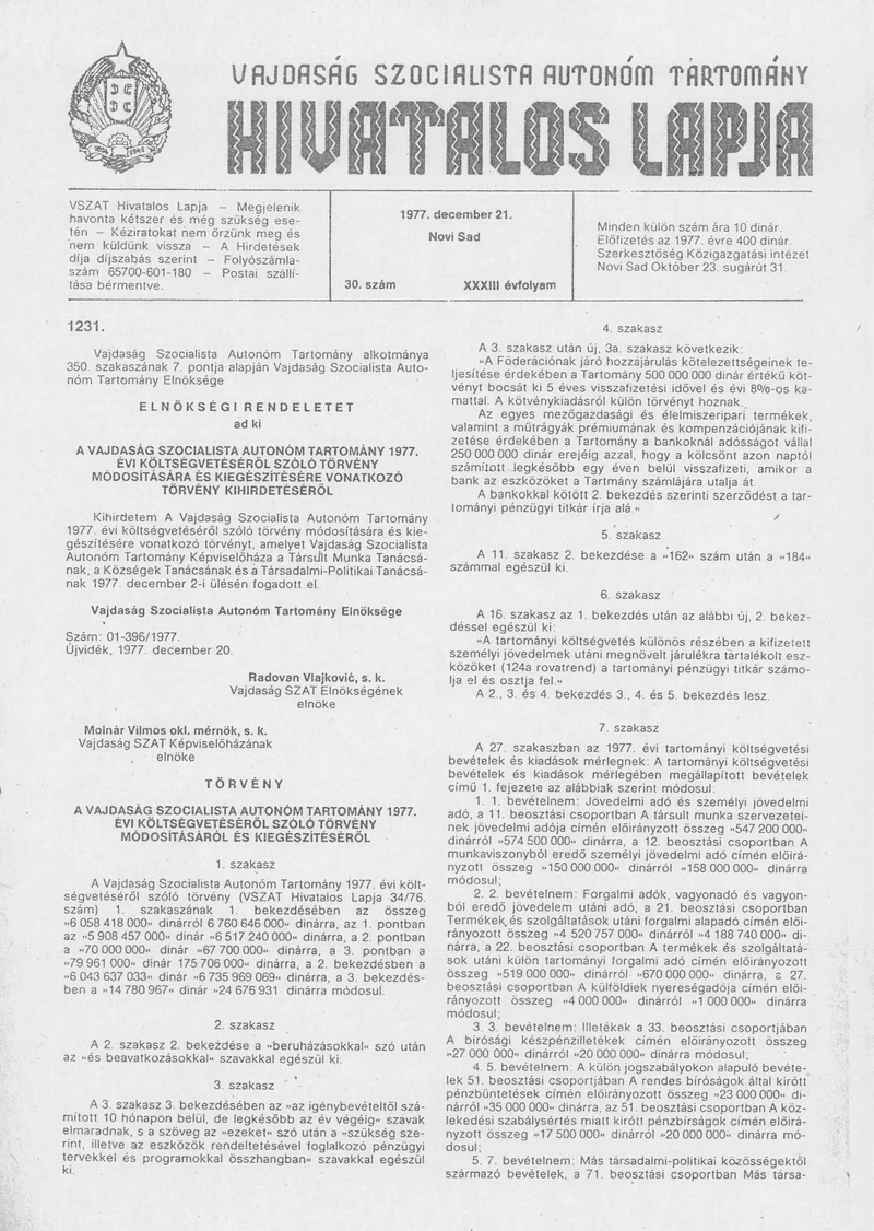 Vajdaság Szocialista Autonóm Tartomány Hivatalos Lapja, 33. évf. 1977. december 21. 30. sz. 1441–1452. oldal