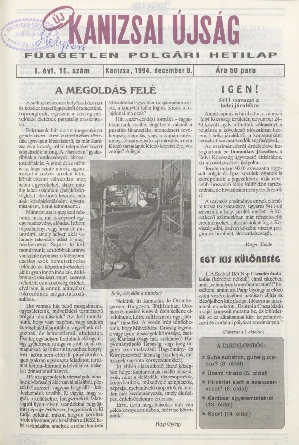 Új Kanizsai Újság, 1. évf. 1994. december 8. 10. sz.