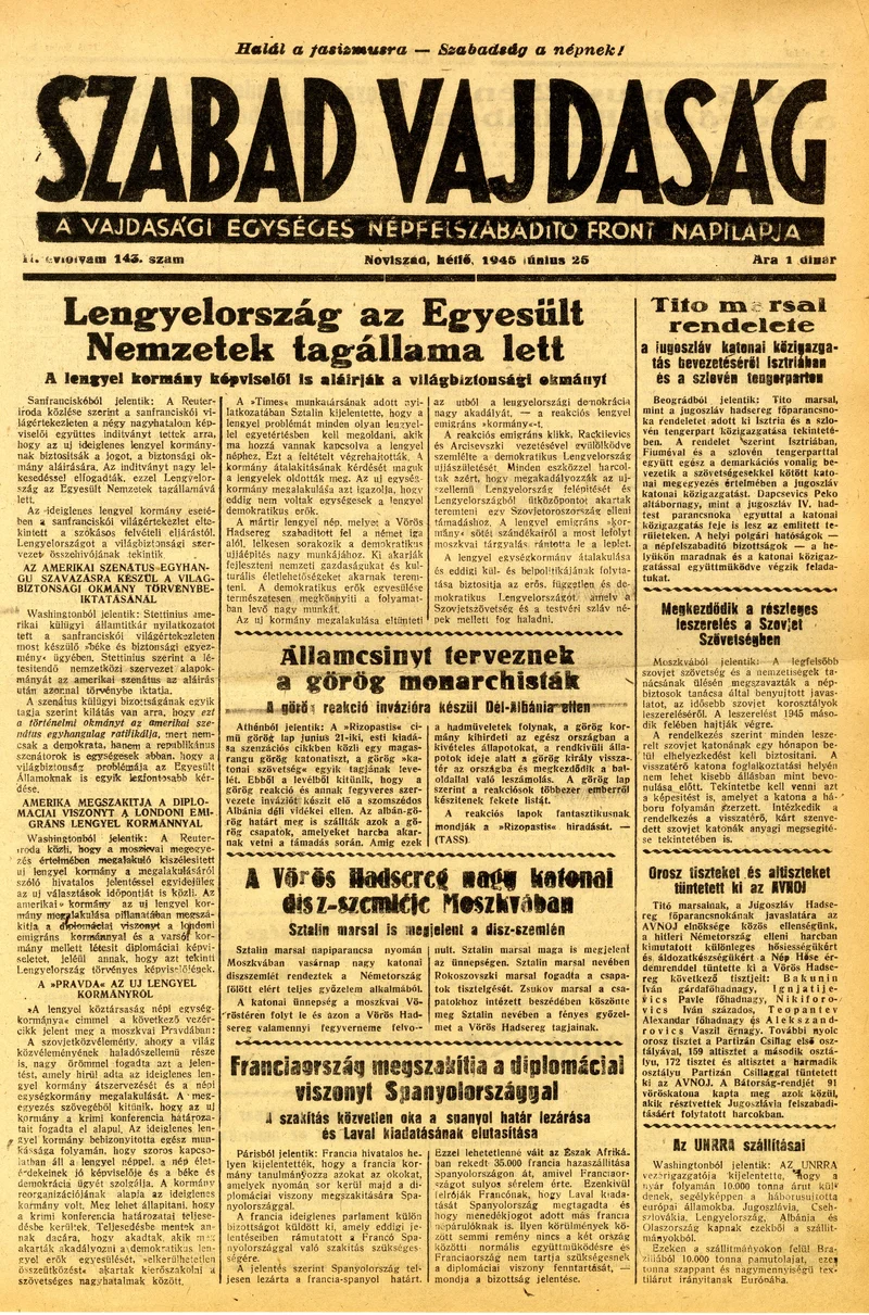 Szabad Vajdaság, 2. évf. 1945. június 25. 143. sz.