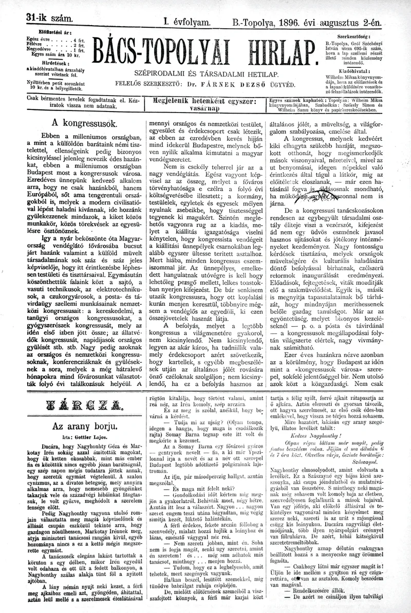 Bács-Topolyai Hirlap, 1. évf. 1896. augusztus 2. 31. sz.