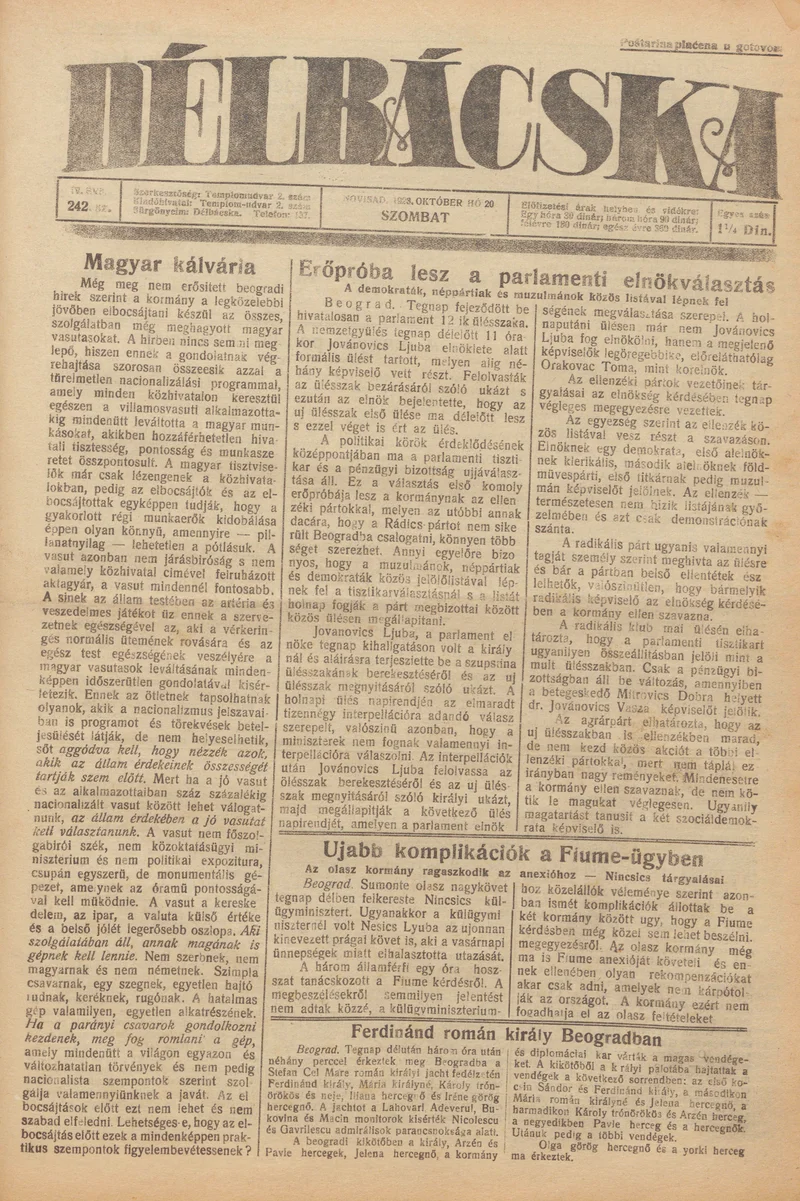 Délbácska, 4. évf. 1923. október 20. 242. sz.