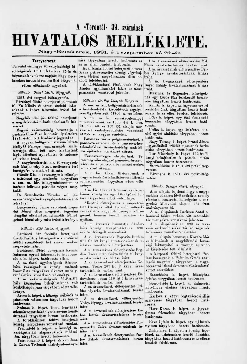 A Totontál  hivatalos melléklete, 4. évf. 1891. szeptember 27. 39. sz.