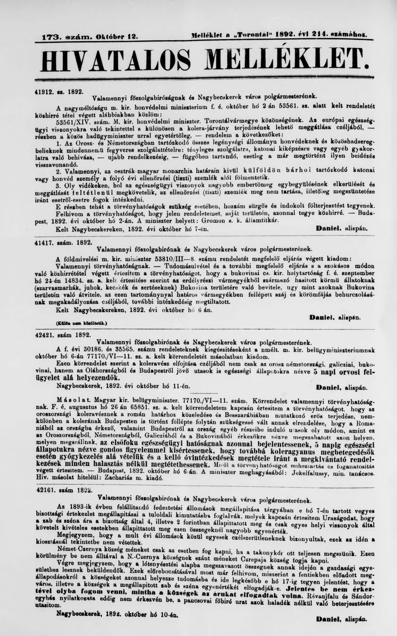 A Totontál  hivatalos melléklete, 5. évf. 1892. október 12. 173. sz.