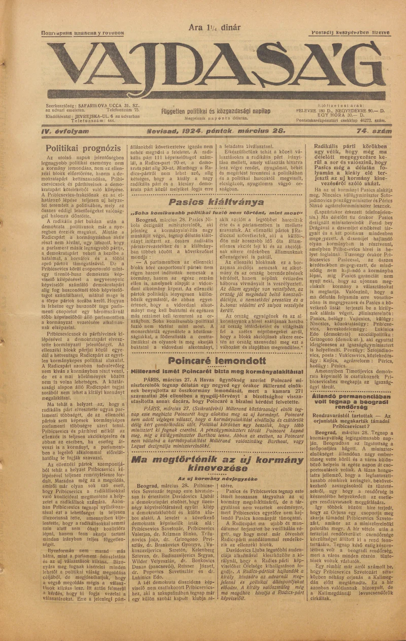 Vajdaság, 4. évf. 1924. március 28. 74. sz.