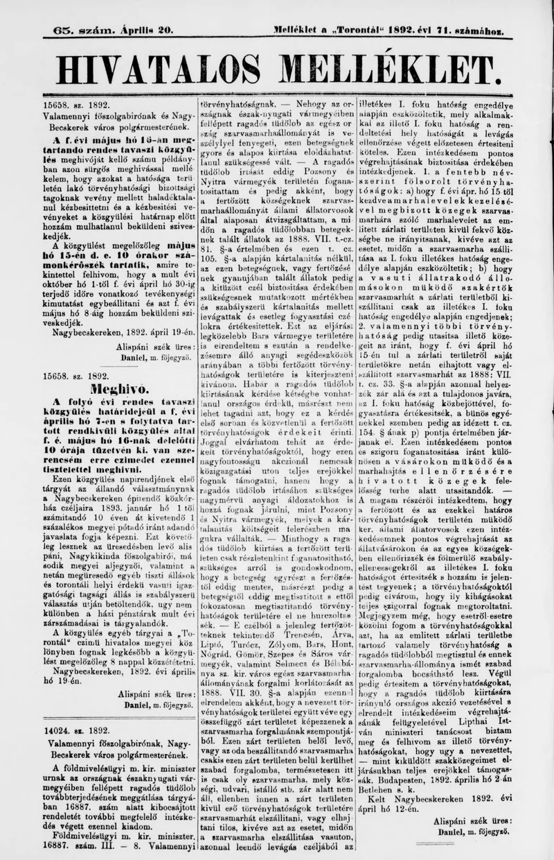A Totontál  hivatalos melléklete, 5. évf. 1892. április 20. 65. sz.