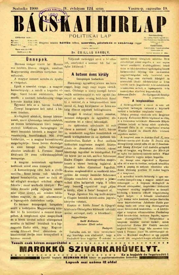 Bácskai Hirlap, 4. évf. 1900. augusztus 19. 124. sz.