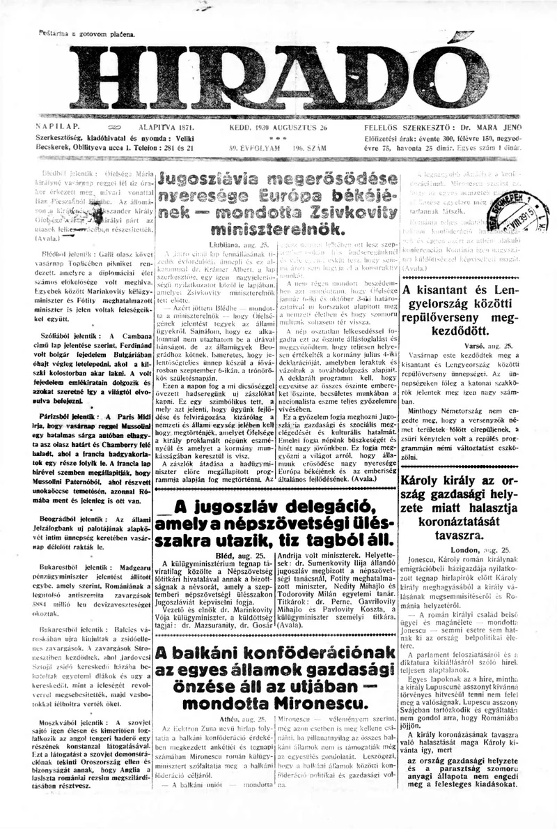 Híradó, 59. évf. 1930. augusztus 26. 196. sz.