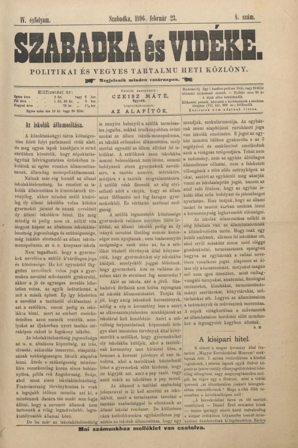 Szabadka és vidéke II, 4. évf. 1896. február 23. 8. sz.