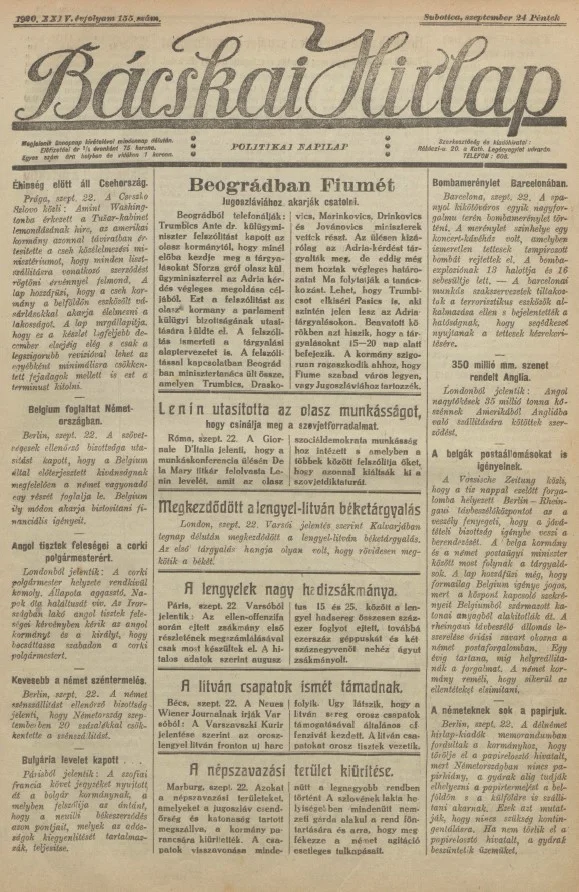 Bácskai Hirlap, 24. évf. 1920. szeptember 24. 155. sz.
