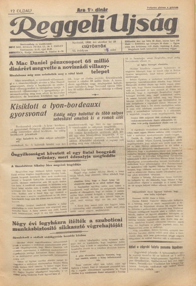 Reggeli Újság, 11. évf. 1930. október 30. 254. sz.