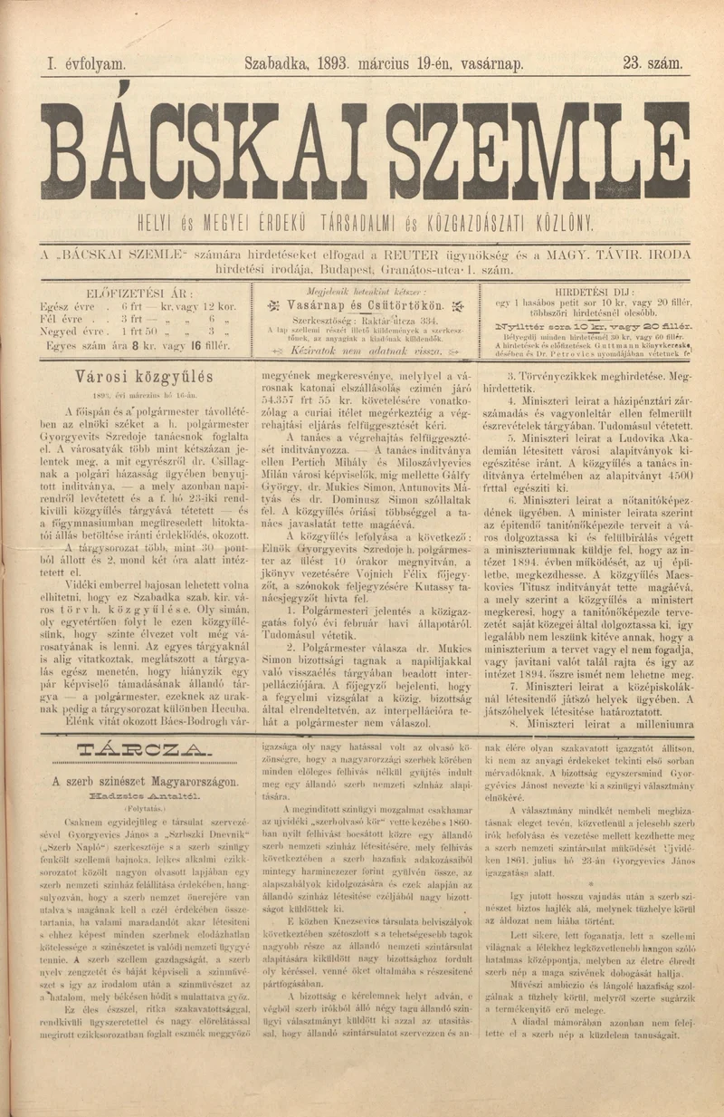 Bácskai Szemle, 1. évf. 1893. március 19. 23. sz.