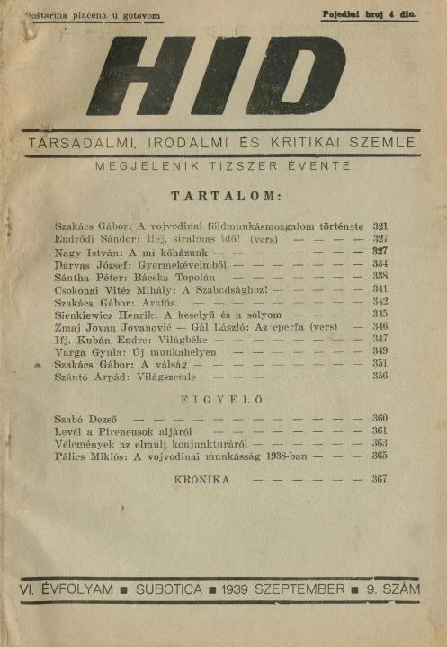 Híd, 6. évf. 1939. szeptember. 9. sz. 321–368. oldal
