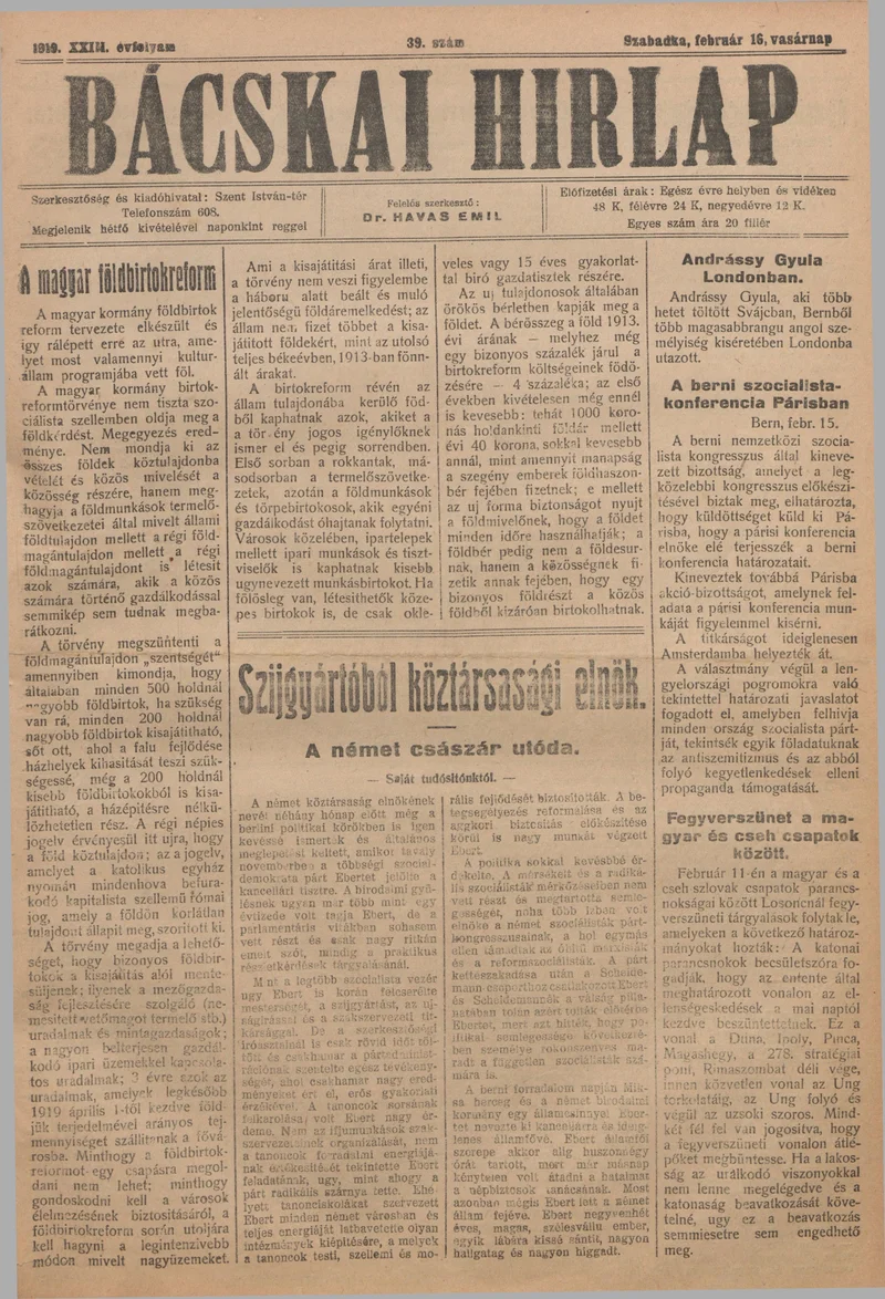 Bácskai Hirlap, 23. évf. 1919. február 16. 39. sz.