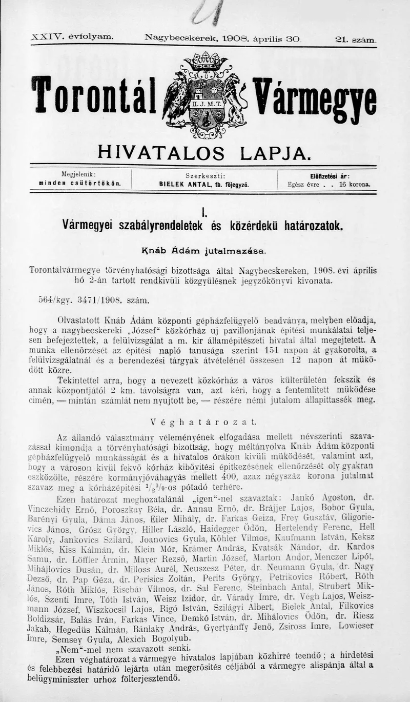 Torontál Vármegye Hivatalos Lapja, 24. évf. 1908. április 30. 21. sz.