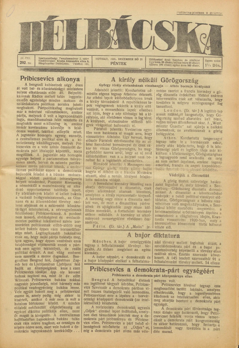Délbácska, 4. évf. 1923. december 21. 292. sz.