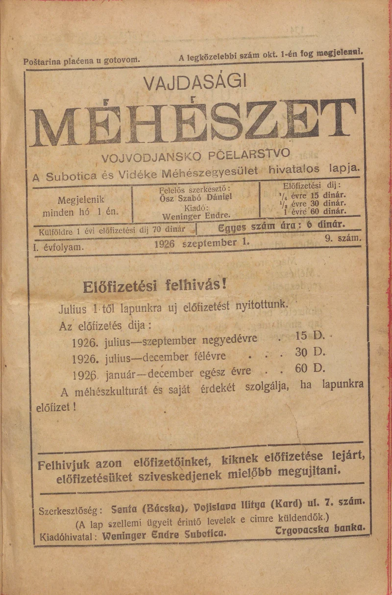 Vajdasági méhészet, 1. évf. 1926. szeptember 1. 9. sz.