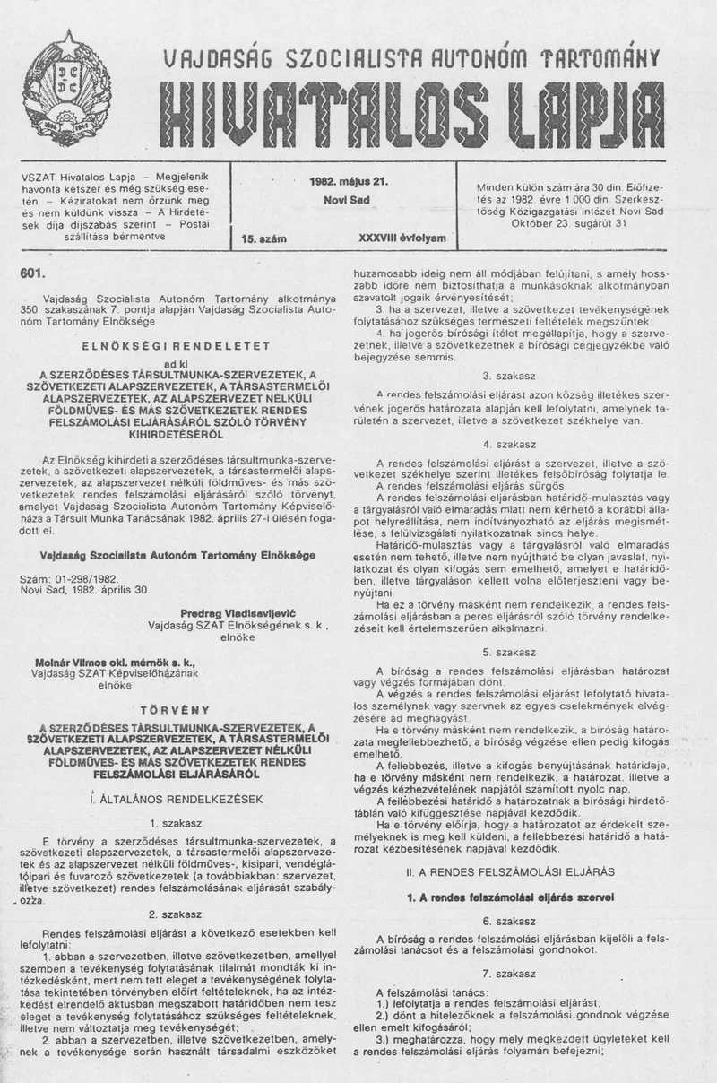 Vajdaság Szocialista Autonóm Tartomány Hivatalos Lapja, 38. évf. 1982. május 21. 15. sz.