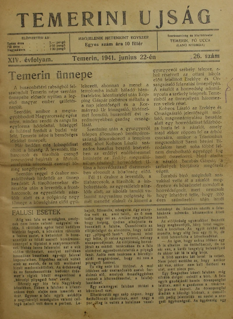 Temerini Újság 1928-1944, 14. évf. 1941. június 22. 26. sz.