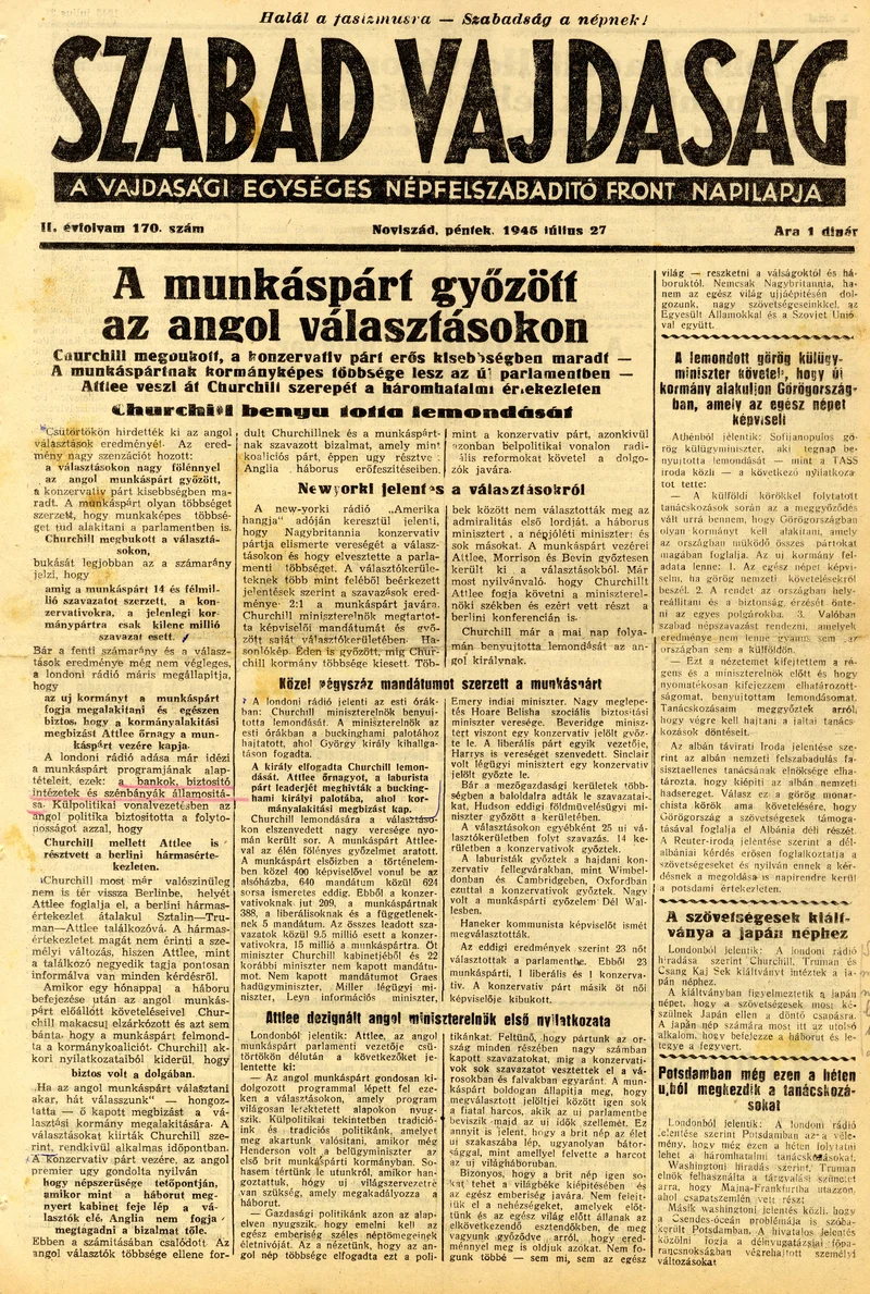 Szabad Vajdaság, 2. évf. 1945. július 27. 170. sz.