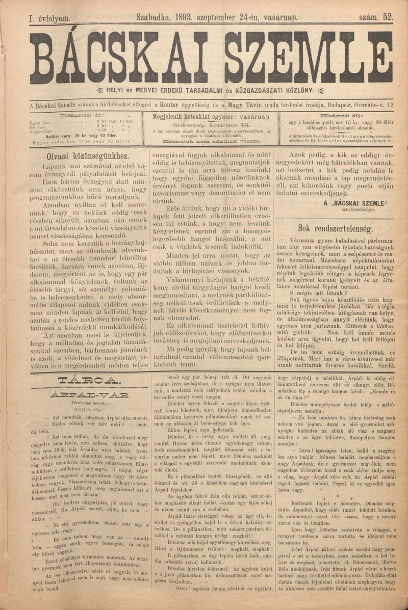 Bácskai Szemle, 1. évf. 1893. szeptember 24. 52. sz.