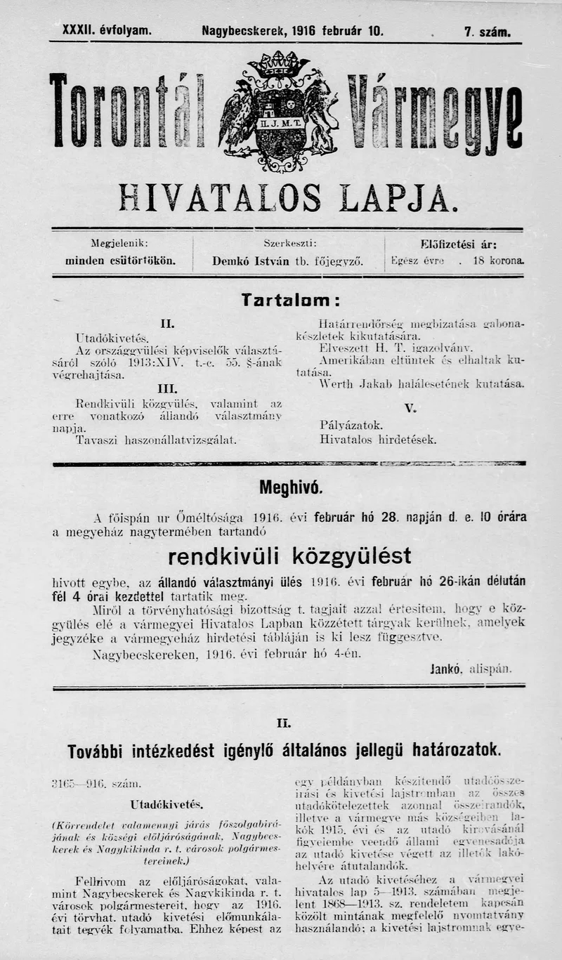 Torontál Vármegye Hivatalos Lapja, 32. évf. 1916. február 10. 7. sz.