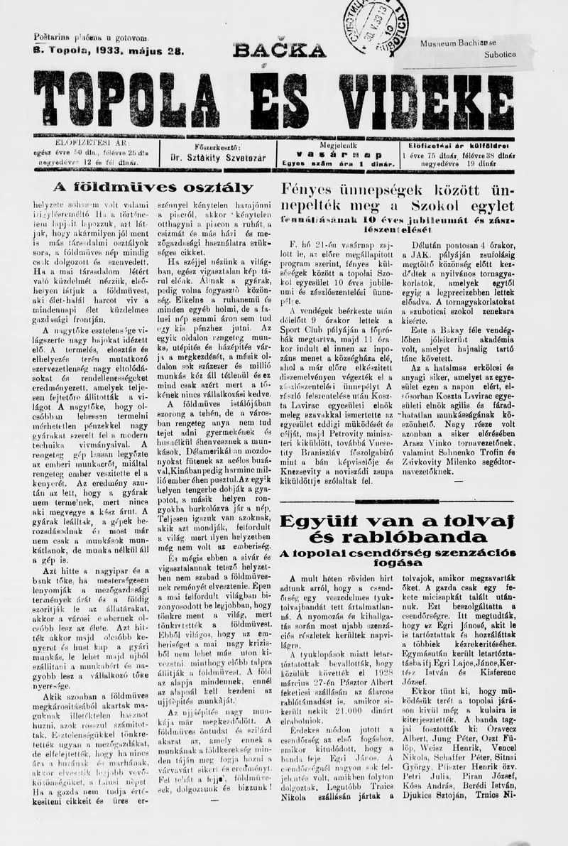 Bačka Topola és Vidéke, 10. évf. 1933. május 28. 22. sz.