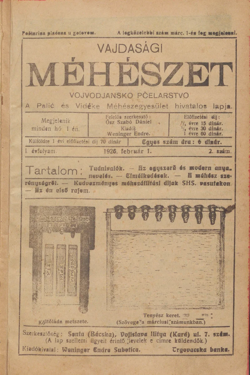 Vajdasági méhészet, 1. évf. 1926. február 1. 2. sz.