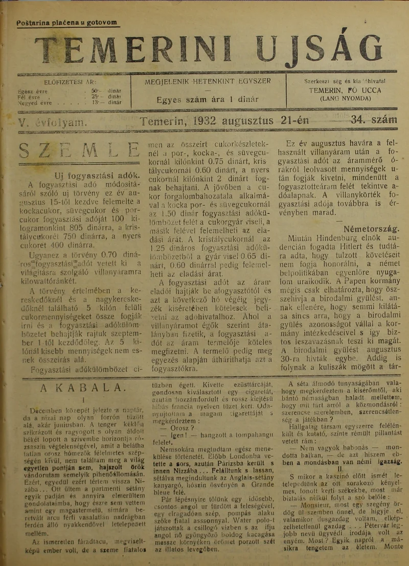 Temerini Újság 1928-1944, 5. évf. 1932. augusztus 21. 34. sz.