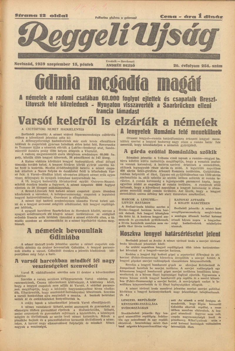 Reggeli Újság, 20. évf. 1939. szeptember 15. 254. sz.