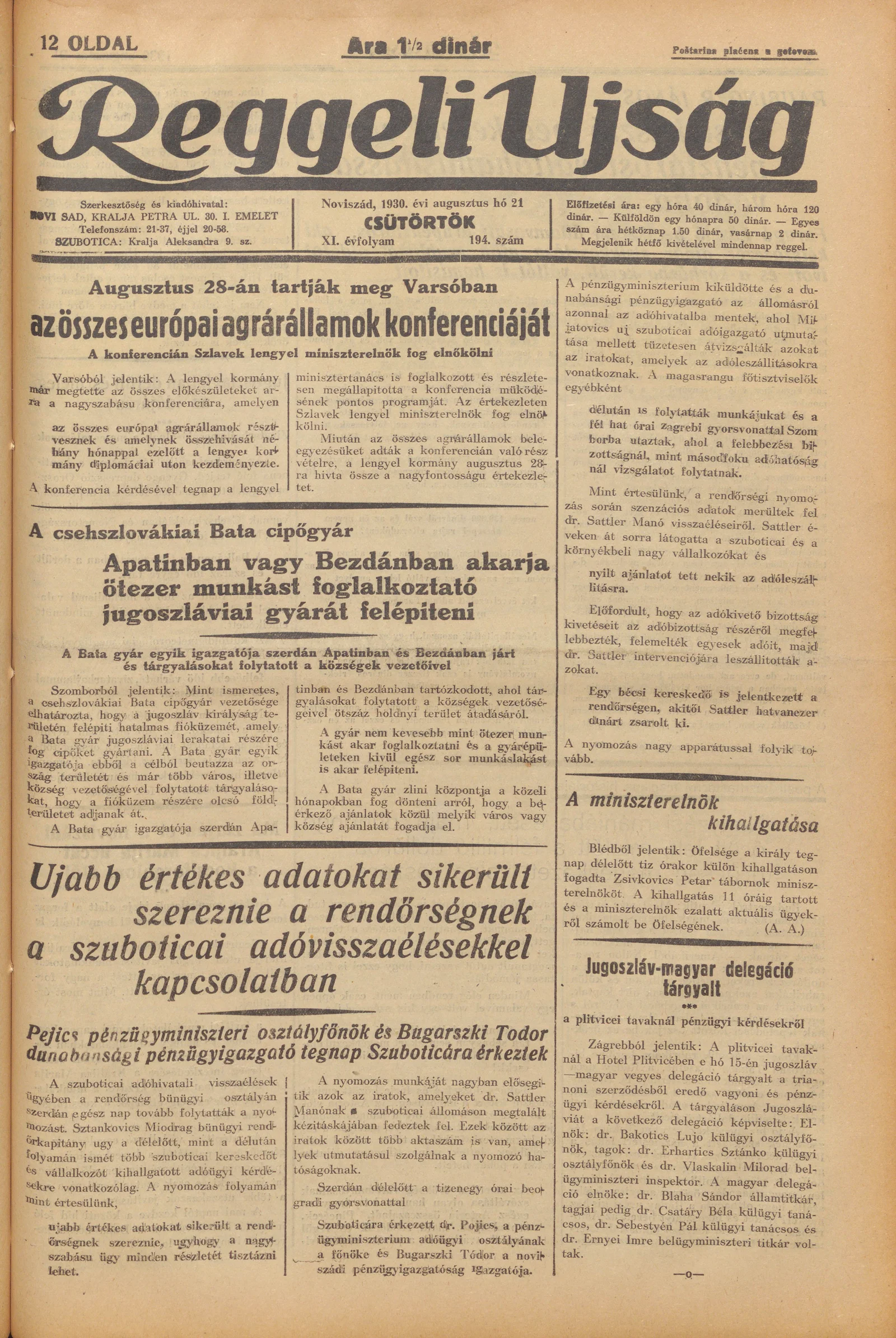 Reggeli Újság, 11. évf. 1930. augusztus 21. 194. sz.