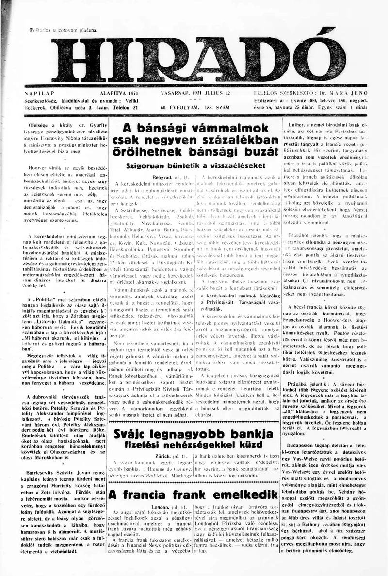 Híradó, 60. évf. 1931. július 12. 158. sz.