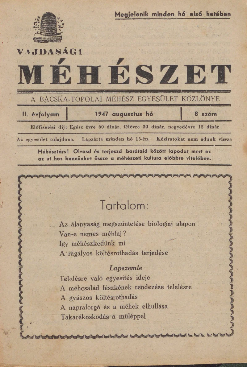 Vajdasági méhészet Bácska Topolya, 2. évf. 1947. augusztus 1. 8. sz.