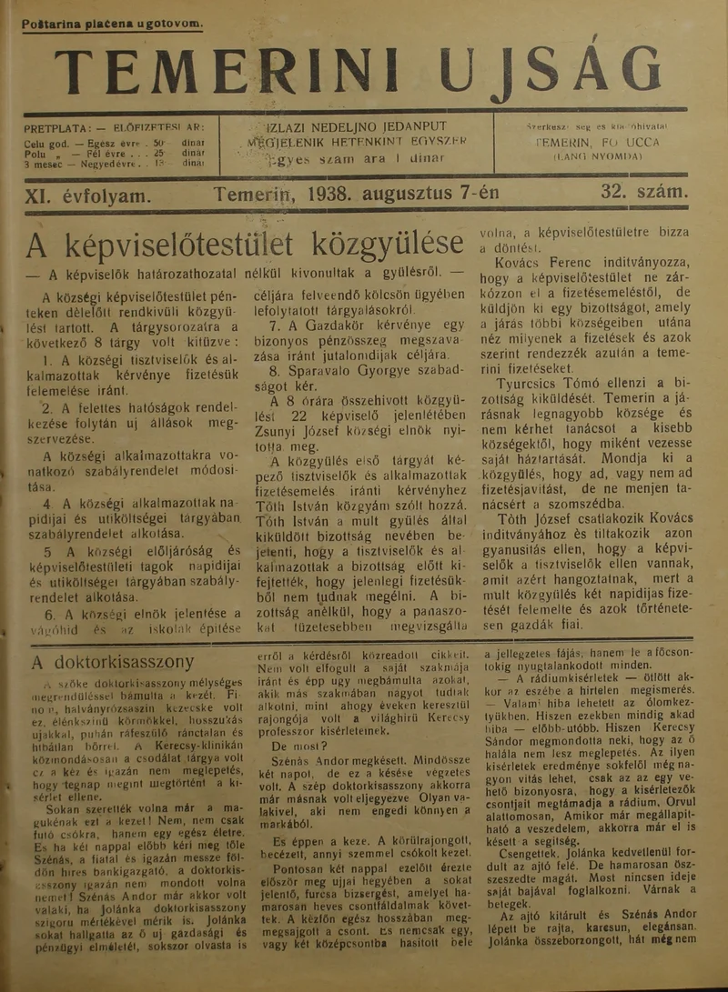 Temerini Újság 1928-1944, 11. évf. 1938. augusztus 7. 32. sz.