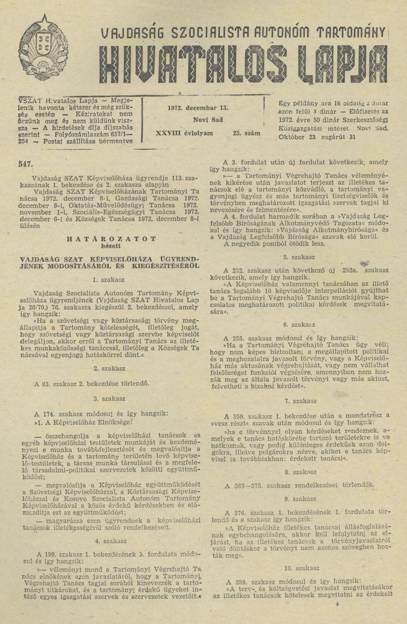 Vajdaság Szocialista Autonóm Tartomány Hivatalos Lapja, 28. évf. 1972. december 13. 23. sz. 821–822. oldal