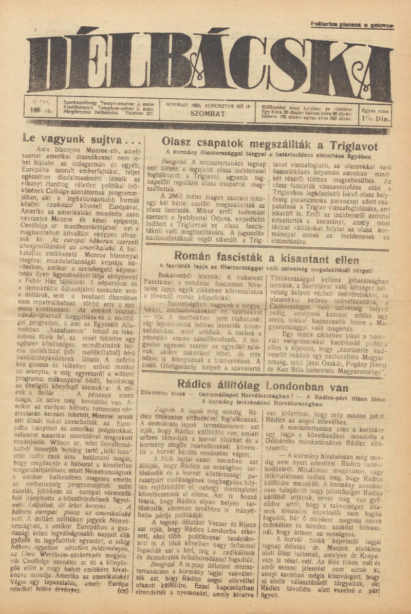 Délbácska, 4. évf. 1923. augusztus 18. 188. sz.