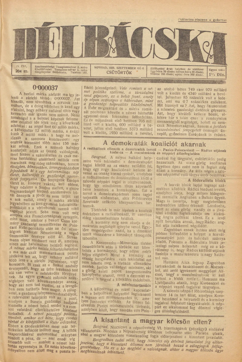 Délbácska, 4. évf. 1923. szeptember 6. 204. sz.