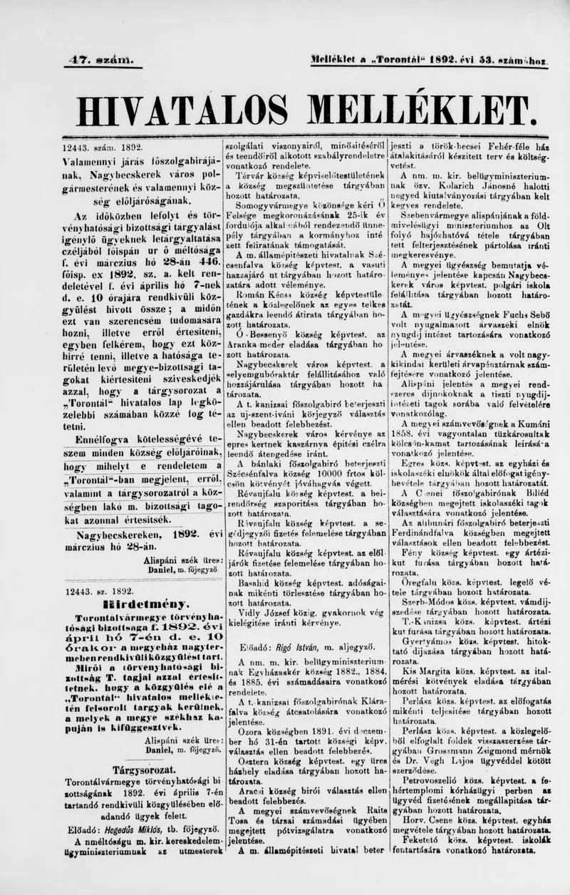 A Totontál  hivatalos melléklete, 5. évf. 1892. március 28. 47. sz.