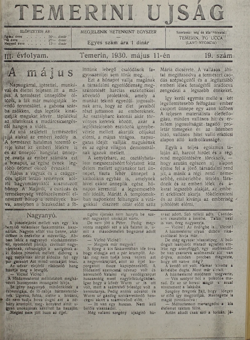 Temerini Újság 1928-1944, 3. évf. 1930. május 11. 19. sz.