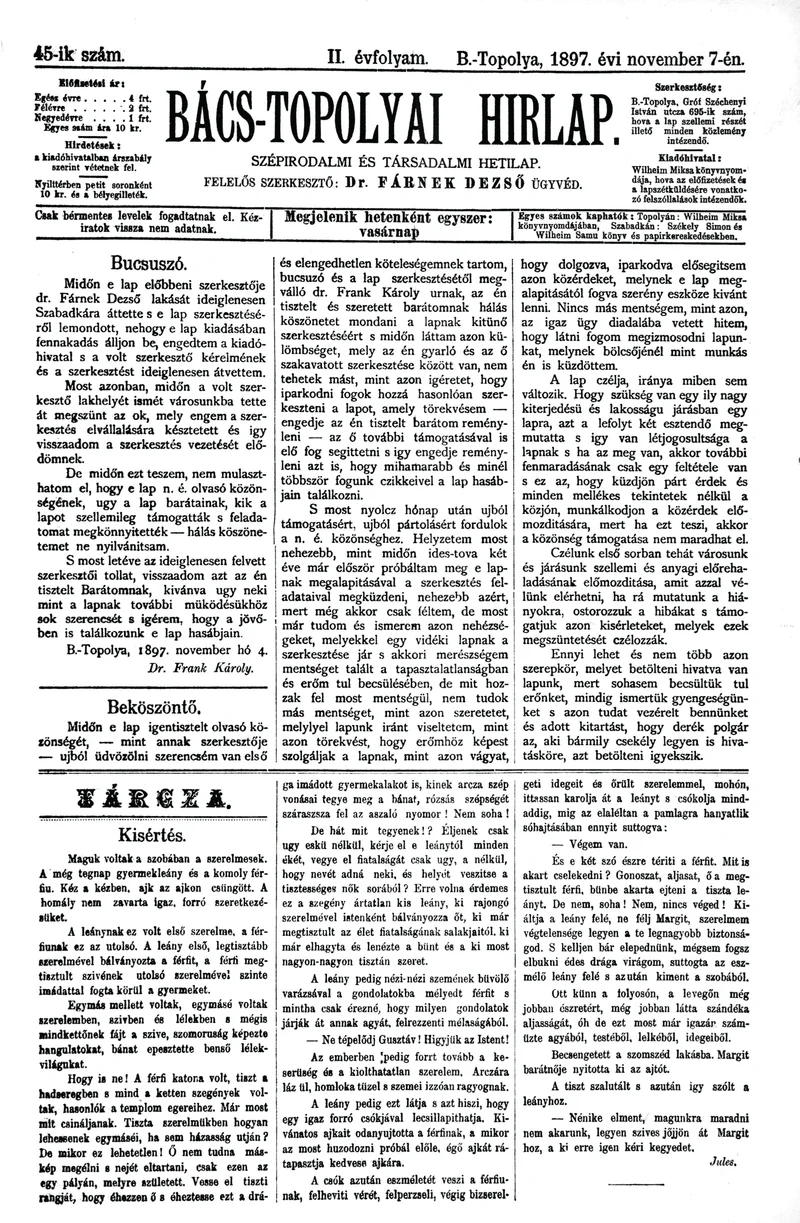 Bács-Topolyai Hirlap, 2. évf. 1897. november 7. 45. sz.