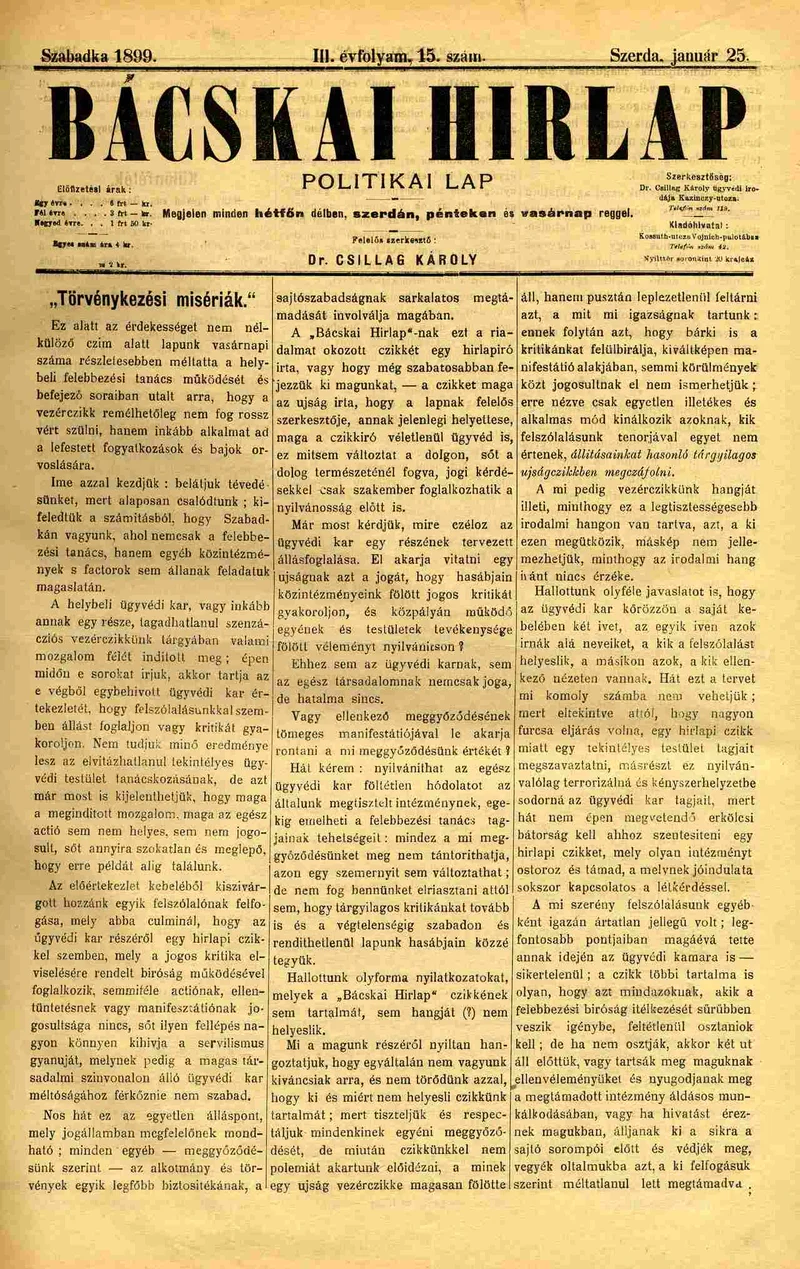 Bácskai Hirlap, 3. évf. 1899. január 25. 15. sz.