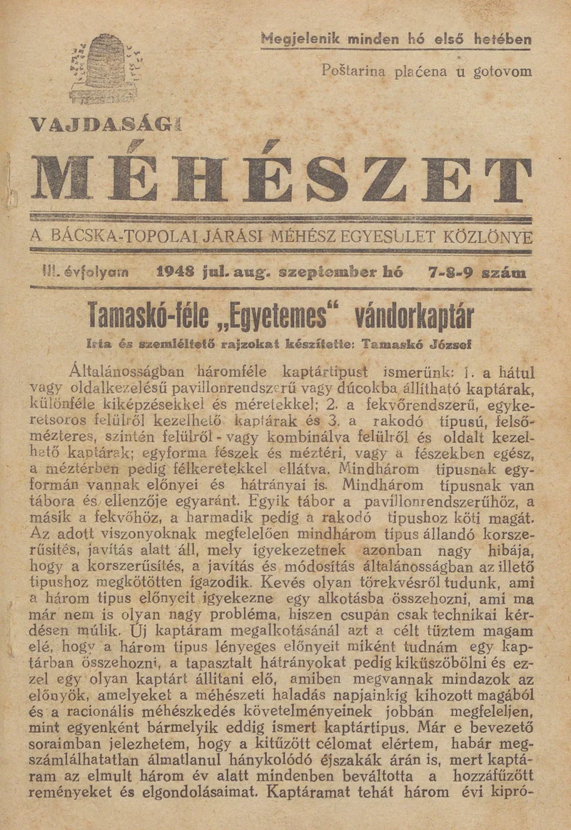 Vajdasági méhészet Bácska Topolya, 3. évf. 1948. július 1. – szeptember 1. 7–9. sz.