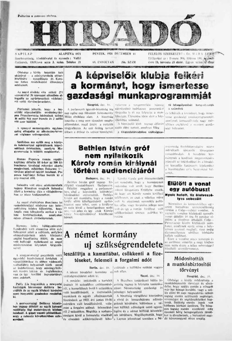Híradó, 60. évf. 1931. december 11. 286. sz.