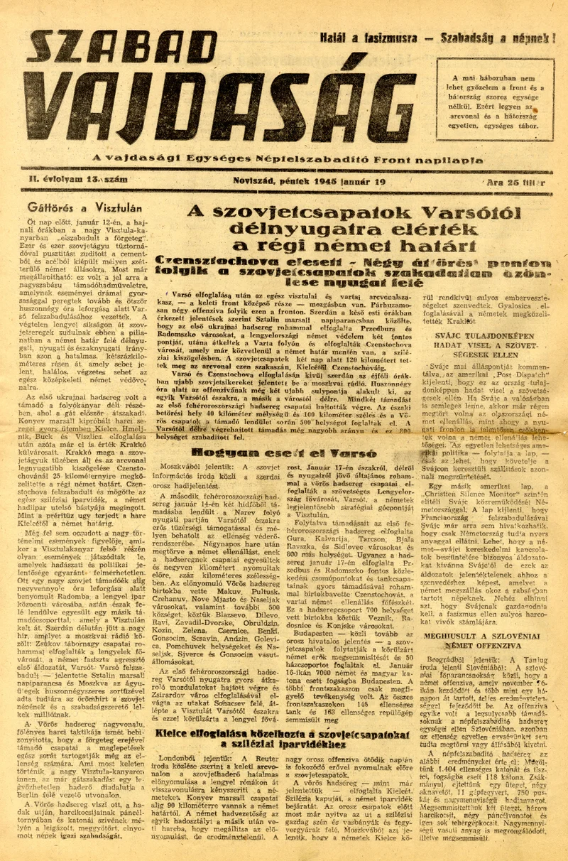 Szabad Vajdaság, 2. évf. 1945. január 19. 13. sz.
