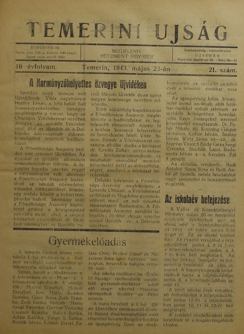 Temerini Újság 1928-1944, 16. évf. 1943. május 23. 21. sz.