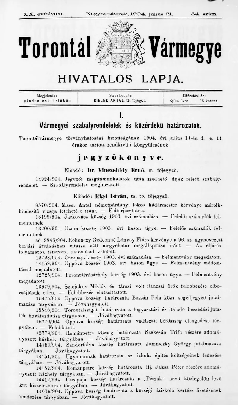 Torontál Vármegye Hivatalos Lapja, 20. évf. 1904. július 21. 34. sz.