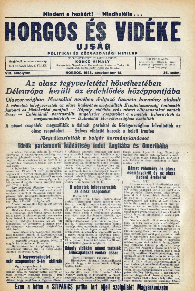 Horgos és vidéke, 8. évf. 1943. szeptember 12. 36. sz.